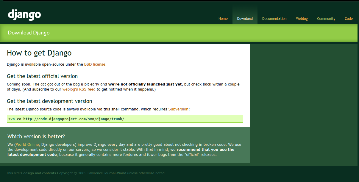 A screenshot of djangoproject.com's download instructions, archived on August 5 2005.