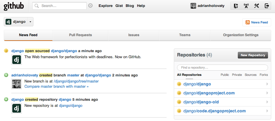 A screenshot of GitHub in 2012 taken by Adrian Holovati.